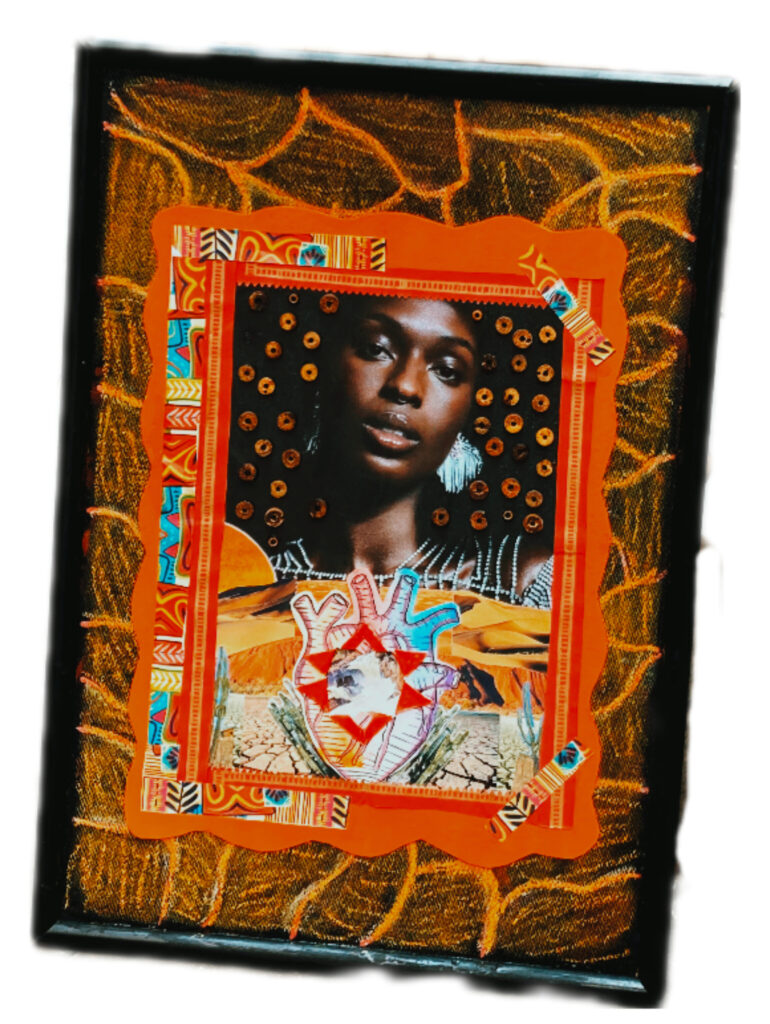 Obra de arte de Carolina Castro - AFLUENTE, 2024 - Assemblage sob mdf, MDF, acrílica, aquarela, desenho, recortes de revista, papel, giz pastel, contas de coco - materiais diversos