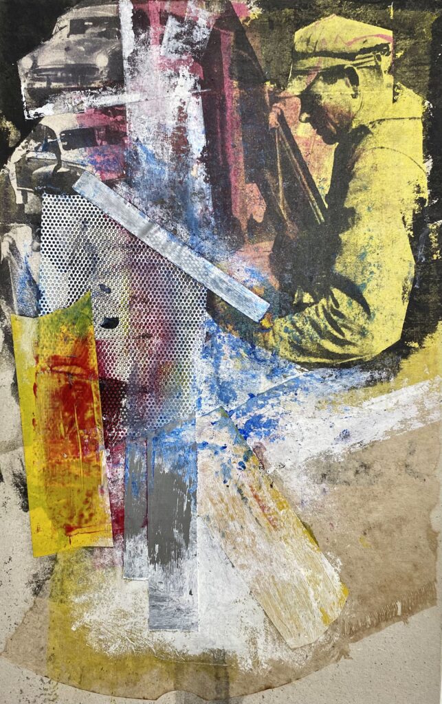 Obra de arte de Guilherme M. Noé - Sem título, 2024 - Técnica mista, transferência por álcool, acrílica, tinta serigráfica, graxa, papel e plástico sobre papelão