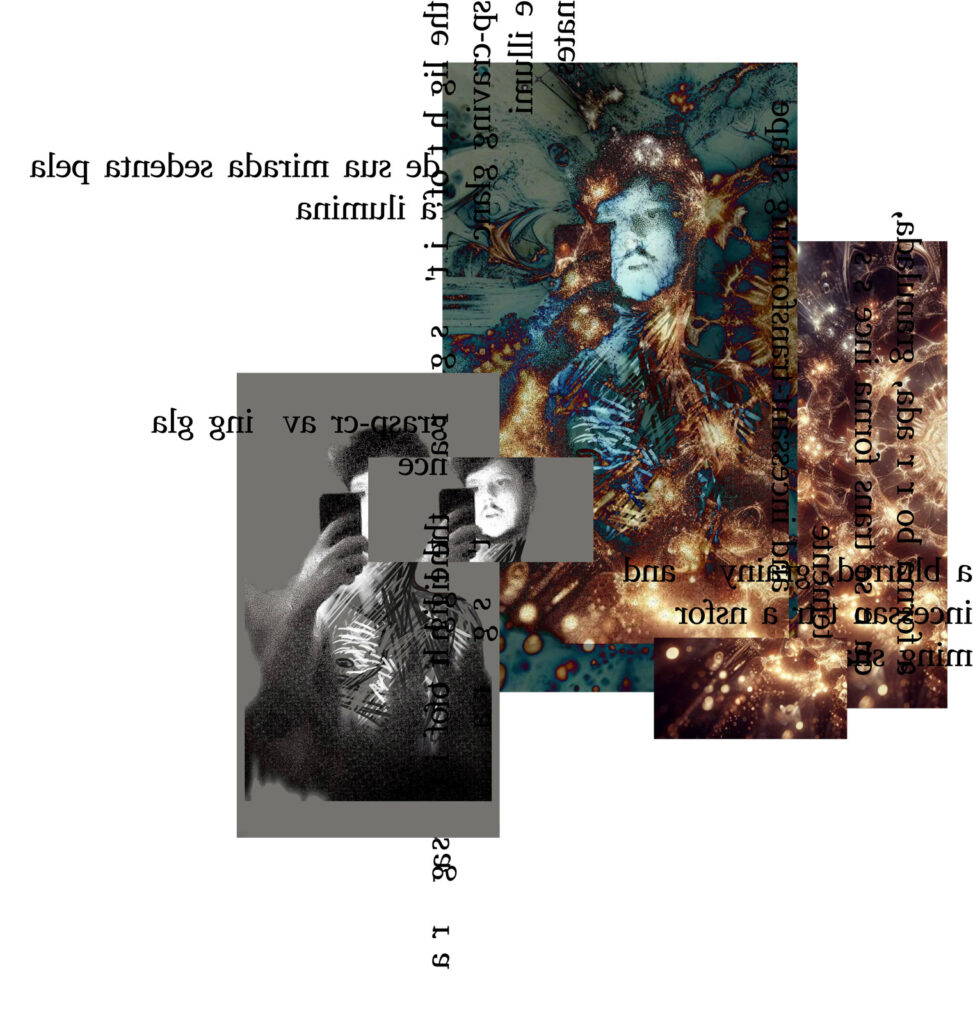 Obra de arte de Pedro David - "the light of it's grasp-craving glance illuminates a blurred, grainy and incessant-transforming shape", da série "EuEuzinhoEudnv(1)", 2024 - Impressões em acetato de colagem digital de técnica mista afixada em peça de acrílico