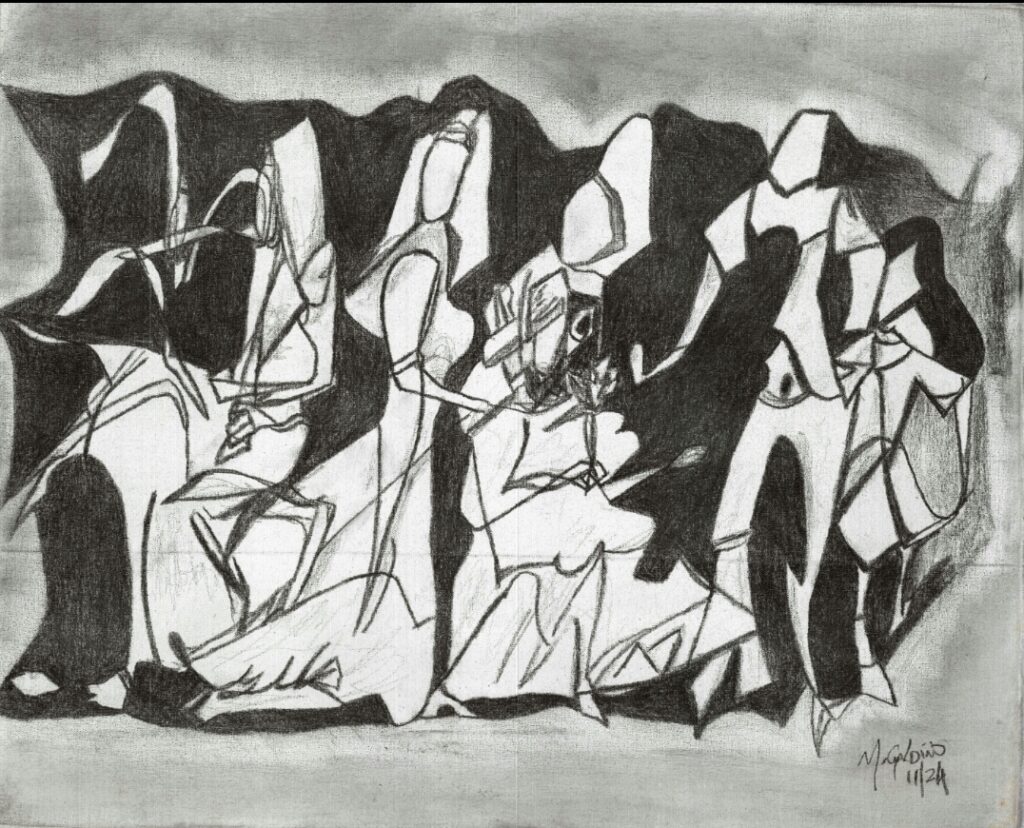 Obra de arte de Marcos Galdino - Robe de Mariée (Vestido de Noiva) 2024 - Série: "Inconsciente". - Grafite HB e óleo sobre tela de algodão