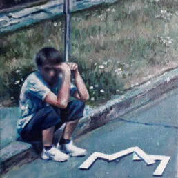 Obra de arte de Marina Vieira Prudencio - Cena de Sfântu Gheorghe, Romênia, no Google Maps Street View pelo GeoGuessr (Série Transeuntes), 2018 - Tinta acrílica sobre tela