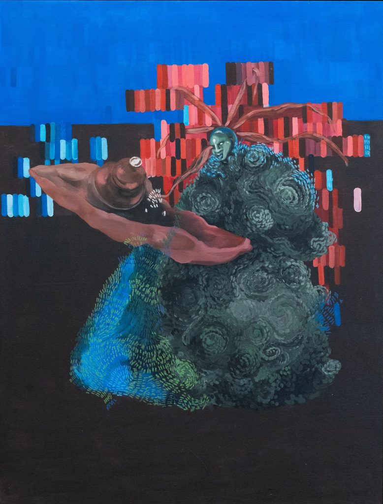 Obra de arte de Tassila Custodes - Exu em sua performance de engolir mundos e fundos  - Acrílica sobre tela