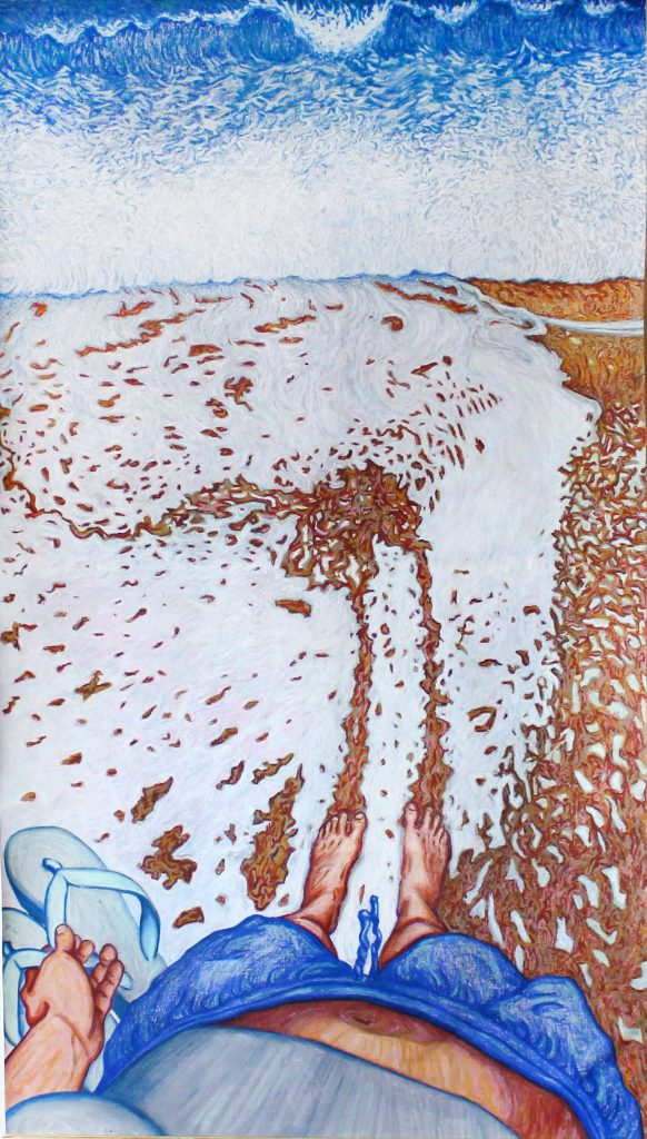 Obra de arte de Marcela Siqueira Gontijo - Molhamos nossos pés nas águas do mar, 2024. Série ''Nós testemunhamos toda essa grandeza''. - Giz pastel oleoso sobre tela