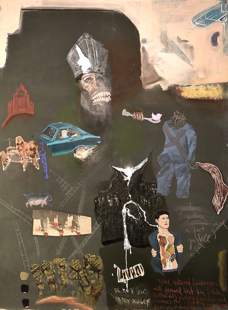 Obra de arte de Alexandre Casagrande - re-education, 2023 - Acrílica, pastel, colagem sobre drywall