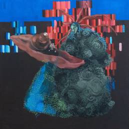 Obra de arte de Tassila Custodes - Exu em sua performance de engolir mundos e fundos  - Acrílica sobre tela 